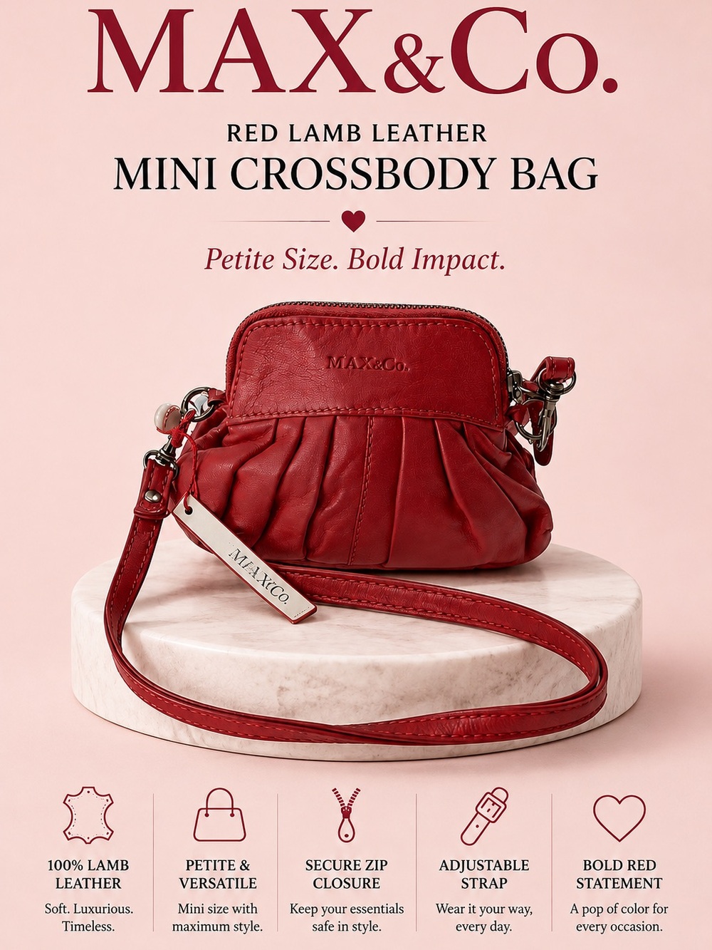 MAX&Co Red Lamb Leather Mini Crossbody Shoulder Bag Pleated Y2K NWT